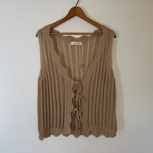 Crochet Tie Front Vest L Tan Coastal Cowgirl Boho Lightweight Festival Desert